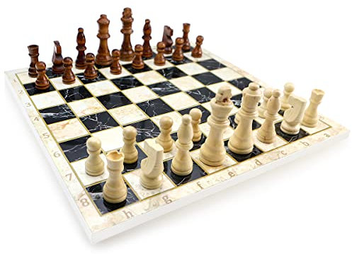 Black - White Marmor Optik Schach Spiel mit Massiv Holz Schachfiguren