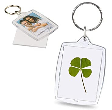Porte-clés porte bonheur avec un vrai trèfle à 4 feuilles et possibilité de mettre une photo au verso ou un joli message