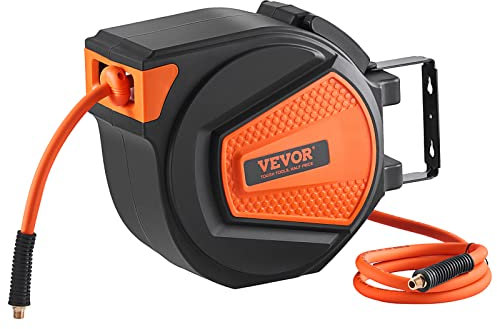 VEVOR Retractable Air Hose Reel, 3/8 in x 50 FT Hybrid Air Hose Max 300PSI, Air Compressor Hose Reel with 5 ft Lead in, Ceiling/Wall Mount Enclosed Air Reel, 180° Swivel Mount
