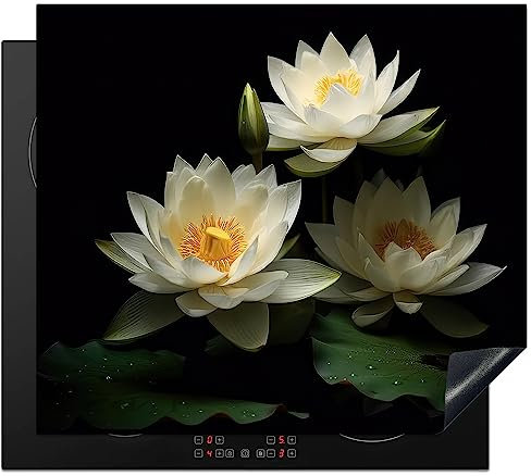 KitchenYeah© Herdabdeckplatte Einteilig Induktionsmatte Küche Abdeckung Ceranfeld Herd Abdeckplatte Deko Vinyl Matte Aufrollbar Lotus - Blumen - Weiß - Natur - Schwarz - Design - 59x52 cm