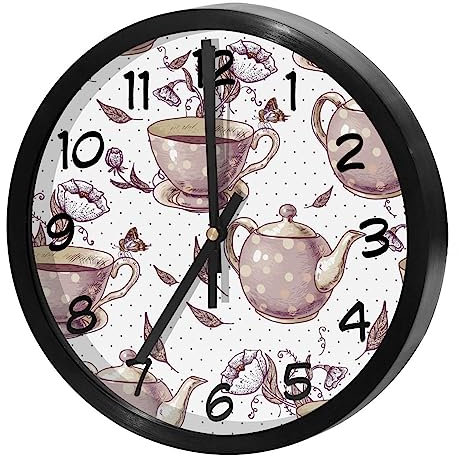 VAPOKF Wall Clock Silent Non Ticking Quartz Battery Operated Round Wall Clocks Home/Kitchen/Office/School Clock, Tea Pots and Cups Flowers