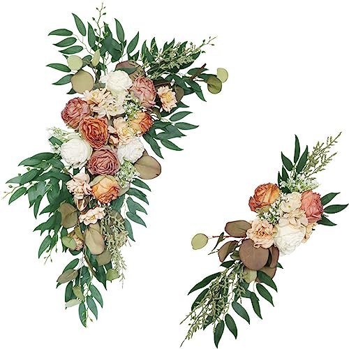 Fouriding Artificial Wedding Arch Flowers Kit 2 Pack,Wedding Artificial Flower Swag Wedding Welcome Signs Floral Decorations for Wedding Ceremony Reception Backdrop Decoration (Champagne Orange)