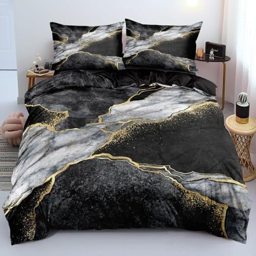 Luowei Bettwäsche 200x220 cm 3tlg Marmor Grau Schwarz, Mikrofaser | Oeko-TEX Atmungsaktiv Bettwäsche Set Modern Ästhetisches Design Bettbezug mit Reißverschluss und 2 Kissenbezüge 80x80cm