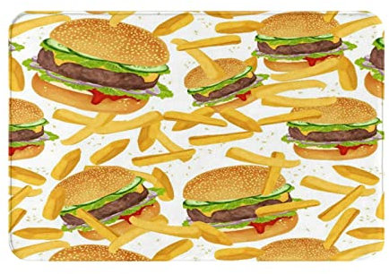 Badematte 40x60cm, Hamburger Fries Bettwäsche 3D Giant Burger Fun Fast Food Kreative Tagesdecken Welcome Fußmatte rutschfeste Haustür Sauberlaufmatte Pflegeleichte Wohnzimmer Badezimmer Matte