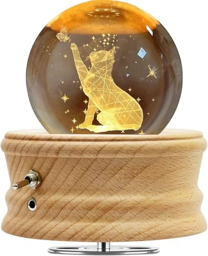 BIAOQINBO Kristallkugel Spieluhr, 360° Rotierende Hölzerne Spieluhr mit Projektionsfunktion, Geschenke für Frauen Mama Muttertag Vatertag Kindertag Geburtstag Weihnachten Valentinstag (Katze)