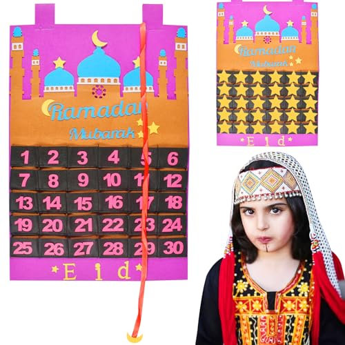 Eid Mubarak Countdown Kalender, Felt Ramadan Calendar, Wandkalender 30 Tage Kalender mit Taschen, Ramazan Kalender für Ramadan Dekoration