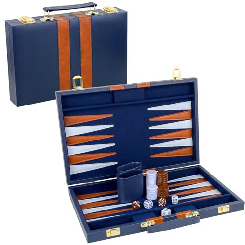 Gesserit Backgammon classique pour 2 joueurs - Backgammon de voyage portable avec étui en cuir synthétique de qualité supérieure (bleu marine, 38 cm)