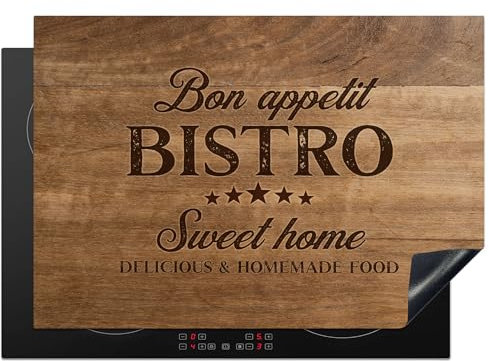 KitchenYeah© Protege Plaque Induction 75x52 cm Deco Cuisine Accessoires Pratique Protection De Vitroceramique Citation - Bistro - Bon appétit - Sweet home - Texture du bois - 75x52 cm