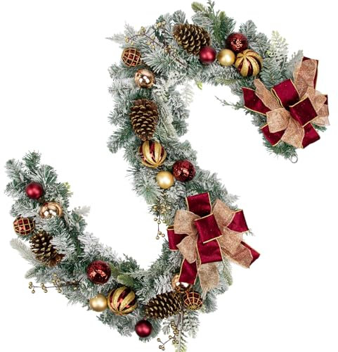 Weihnachtsgirlande für Weihnachten - Roter Girlande mit Weihnachtskugeln, Beeren, Tannenzapfen und Schleife, Künstliche Girlande Weihnachtsdeko Wanddeko, 1,8 M