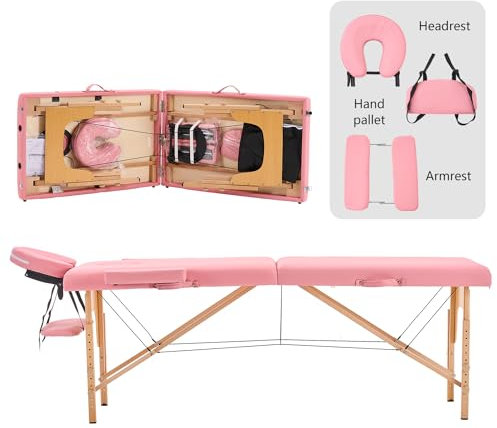 YOUNIKE Table de Massage Pliante Professionnelle 60 cm Largeur Esthetique Professionnel Bois Table de Soin Tatouage Lit de Accoudoir Massage Table Cils Extension Portable 2 Sections Rose