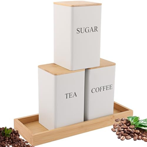 YAYODS Tea Coffee Sugar Canisters with Bamboo Lid and Trays, Set of 3 Food Storage Containers White Storage Jars for Kitchen 8.5x8.5x15CM