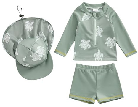 Maillot de Bain Bébé Garçon 3 Pièce Anti UV T-Shirt Manches Longues + Short de Bain + Chapeau de Soleil Costume de Bain Piscine Nataiton Plage (Vert Tortue, 2-3 Years)