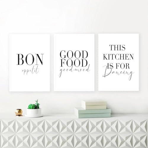 SHINERING Minimalistisches Good Food Good Mood Bon Appetit Zitate Leinwandgemälde 3 Stück Schwarz Weiß Poster Wandkunst Bilder Für Küche Home Decor 40Cmx50Cmx3Pcs Kein Rahmen
