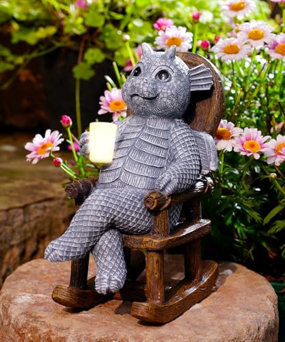 Yeomoo Drachen Figuren mit Solar Lichterkette für Wohnzimmer Gartendeko: Lustige Drache Gartenfiguren auf dem Schaukelstuhl Deko Geschenke für Männer Frauen Geburtstagsgeschenk Deko für Garten Blakon