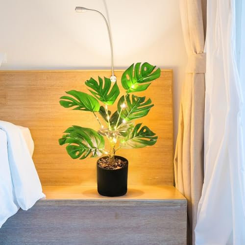 Eucalyptus Artificiel avec Lumières, Fausses Plantes, Palmier D'eucalyptus, Fausses Plantes Artificielles en Pot avec Lumières LED Alimentées par USB, en Soie Réaliste en Pot pour(Turtle leaf-A)