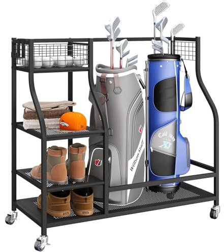 IBUYKE Golf Bag Storage Rack, Large Golf Bag Stand for 2 Golf Bags and Other Golfing Equipment Accessories, Metal Golf Club Storage Organiser with Lockable Wheels for Garage Shed Basement, TBL003B