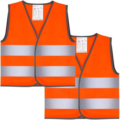 2 Stück Warnweste Kinder 4-6 Jahre Reflektorweste Neon Orange, Sicherheitsweste, Leuchtweste mit Klettverschluss und Reflexstreifen Stark Sichtbar für Auto, Fahrrad, Schulweg