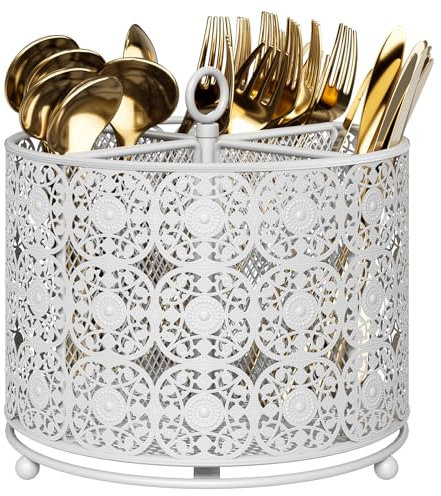 EKNITEY Rotating Utensil Caddy Holder - Higher Raised Cutlery Caddy Countertop - Metal Silverware Caddy Organizer with 4 Compartment for Kitchen Counter Party Office White