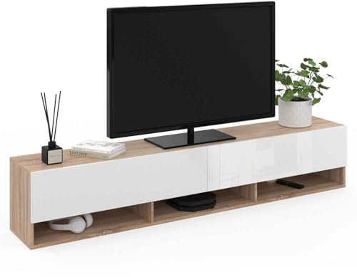 IDMarket Elio - Mueble para TV (180 cm, 2 puertas, estante, madera y blanco