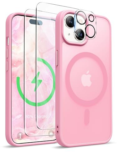 ORETECH Magnetic Case for iPhone 15 Case with 2 HD Screen Protector 1 Camera Protector, Fit for MagSafe, Translucent Matte Back Military Grade Shockproof Phone Case Cover - Light Pink