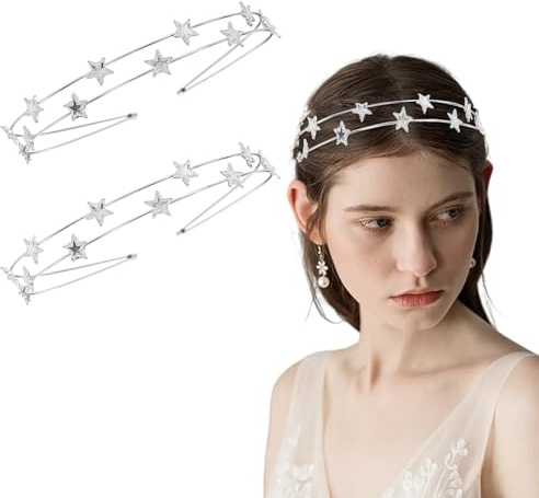 Stern Stirnband Silber,Strass Haarband Metall 2 Stück,Silber Glitzer Haarschmuck Stern Kopfbedeckung,Kostüm Kristall Haarreifen für Frauen Party Mädchen Braut Brautjungfern