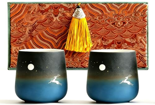 HOHCNA Double Wall Ceramic Coffee Mugs Set of 2, Gradient Blue, 8.5 oz | Japanese Style, No Handles, Deer and Moon Pattern, insulated for Hot & Cold Drinks, with Tassel Gift Box