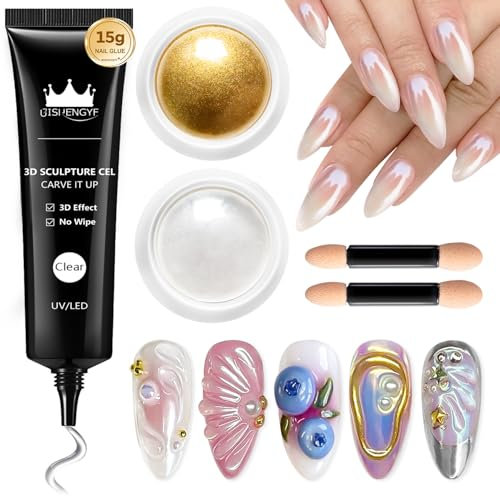 BISHENGYF Multifunktions 3D Gel Nail Art: No Wipe 15g 3d Rhinestone Glue und 2Pcs Neonail Glassy Pearl Cromepulver Nägel,Metallic Gold Chrome Nail Powder,5D Molding Gel for Nails Decoration