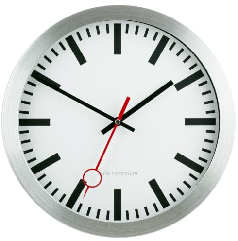 Eurotime Bahnhofsuhr Wanduhr Funk 30 cm mit Aluminium Rahmen