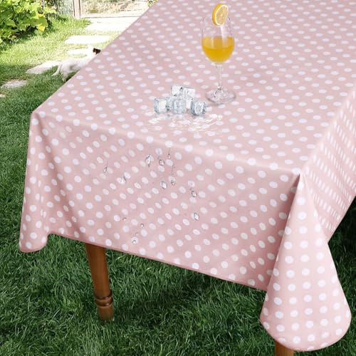 Romanstile Wachstuchtischdecke Outdoor Tischdecke Wetterfest 100x140 cm Rosa mit Punkten Tischdecken PVC Wasserdicht Plastiktischdecke für Hochzeit, Geburtstag,Party,Hotel,Bar,Esstisch,Gartentisch