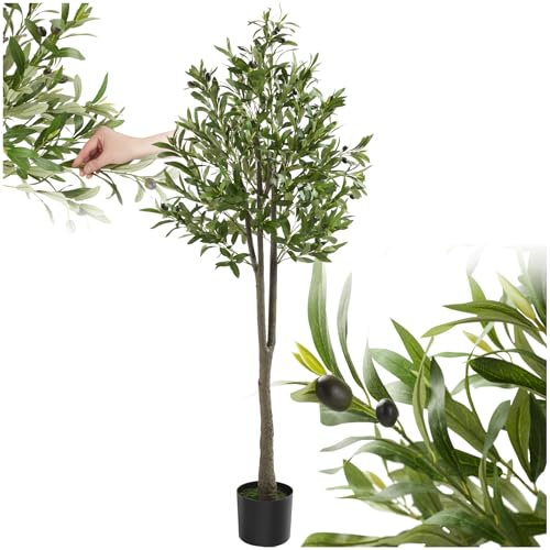 tectake® Albero di Ulivo Artificiale, Foglie Dettagliate con Olive Realistiche, Vaso Stabile in Plastica, Decorazione per Soggiorno, Ufficio e Interni, Facile da Pulire - 150 cm