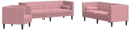 vidaXL Chesterfield Sofa Set mit Nackenrollen 3-TLG., Sofagarnitur mit Kissen, Sitzgruppe für Wohnzimmer, Polstersofa Couch Sessel, Rosa Samt