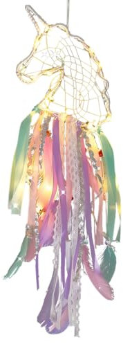 NHQZ 1 Stück Traumfänger Kinder, Led Einhorn Traumfänger, DIY Lichterkette Handgemachte Dreamcatcher Zimmer Deko Federn Wand Dekoration Für Wandbehang Wohnkultur Ornamente.(55Cm)