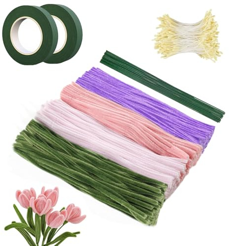 BDHYYM Tulip Bukett Pip Cleaner Set Rörren 400 stycken Rörrenare Blommor med 30 bitar grön hantverkstråd, 2 självhäftande tejp, 350 ståndare