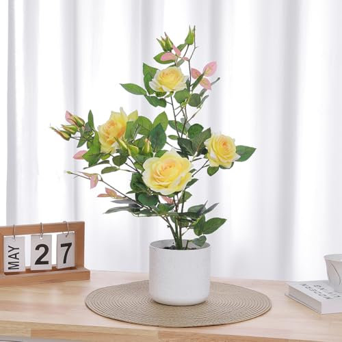 Warmiehomy Artificial Rose Tree 50cm Yellow Like Real Fake Flower Plant in Pot for Home House Office Garden Bedroom Modern Decoration and Housewarming Gift