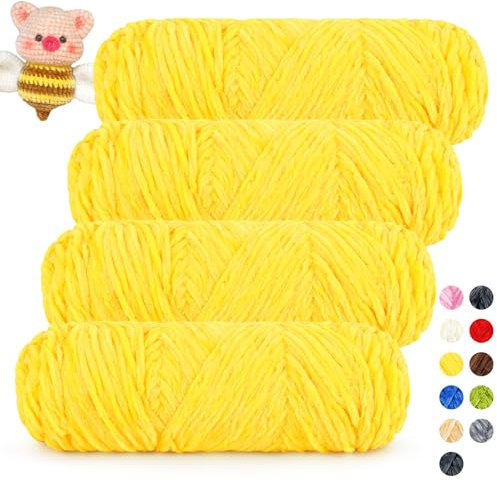 Coopay Samt Chenille Wolle, 400g (4x100g) Velvet Chenillegarn Wolle zum Häkeln&Stricken, Super Flauschige Weicher Babywolle für Kinder, Samtig Chenillewolle für Puppen, Schal, Decke - Warmes Gelb