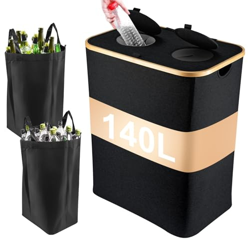 CROWNSHOP Bottle Recycling Bin 140L Removeable Reusable 2 Deposit Bottle Bin Storage Collection Container for Home Kitchen (black)