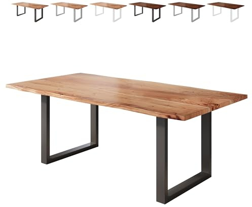 Loreno Esstisch 200×100×77cm Vento Akazie Natur – U-Gestell Schwarz | Massiver Akazienholztisch naturfarben mit 26mm starker Tischplatte – Perfekt für Esszimmer und Küche