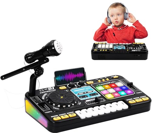 EULEUY Console DJ per Bambini con Pianoforte Integrato - Tastiera Musicale, Microfono e Bluetooth - Mixer DJ con 12 Tracce MIDI e Jog Wheel - Strumenti Musicali Regalo per Bambini e Bambine 3 Anni
