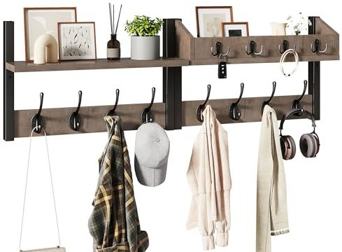 YMYNY Wandgarderobe mit Ablage, 4-in-1 Garderobenleiste Schlüsselbrett Holz, Gaderobe Wand für Flur, Schlafzimmer, Wohnzimmer, Elegant & Stabil, Silber Grau, HWS007Y-2