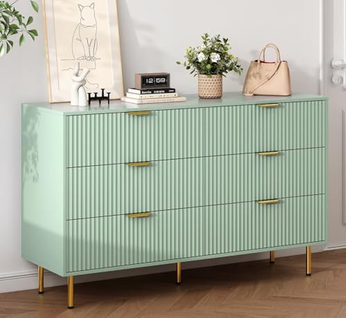 Sage Green 56 Wide Wood 6 Drawers Dresser for Bedroom, Long Modern Chest of Drawers TV Stand Dressers Closet with Gold Handle for Living Kids Teen Study Room Hallway