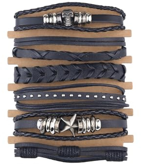 QKEOISUD 6Pcs Punk Leather Bracelets Set for Women Men,Black Skull Adjustable Braided Wide Wristband,Unisex Rock Cuff Wrap Bracelets Jewelry Accessories