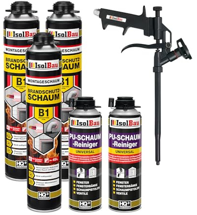 Isolbau - Bauschaum B1 - Montageschaum - PU-Schaum 3 x 750 ml - Pistolenschaum, 2 x PU-Schaum-Reiniger & 1 x Schaumpistole - 1K Brandschutzschaum - Dämmschaum - Abdichtung, Wärmedämmung
