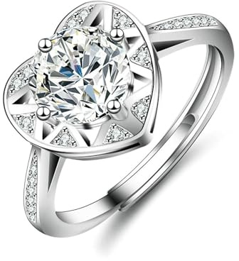 Schmuck Ringe, Verlobungsringe Herz mit 1 Karat Rundem Moissanit Silber Platin Größe 54 (17.2)