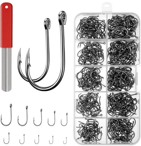 ABOHU Kohlenstoffstahl Angelhaken Set, 500 Stück Dropshot Haken mit Fischhakenschärfer und Organizer Box, Allround-Angelhaken mit Öse, 10 Größen 3# - 12#, Angelzubehör für Flüsse, Seen und Ozeane