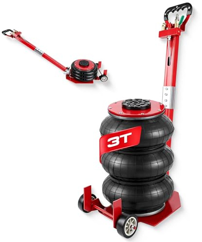 VECHTEL Cric pneumatique 3T, triple sac Airbag Jack avec poignée réglable et 2 roues, rouge/noir pour voiture et SUV, construction métallique stable, levage rapide, 145 psi/10 bar