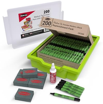 SHOW-ME - Whiteboard Markers | Drywipe, Erasable Black Medium Tip 2mm Line | Classroom Board Writing Pens with 3-Day Cap-off, Box of 200 in Gratnells Tray