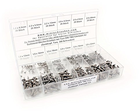 Sortimentskasten mit 300 Stück Blechschrauben nach DIN 7982-TX aus Edelstahl A2 (ab 2,2x6,5mm), Innensechsrund (TX), Senkkopf. Minischrauben Sortiment inkl. beschrifteter Box