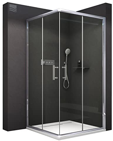 BERNSTEIN Duschkabine 90 x 90 x 195 cm mit Acryl-Duschtasse ESG-Glas Duschabtrennung Eckeinstieg EX506 mit Aluminium Rahmen, Eckdusche mit Schiebetüren, Dusche mit Nano-Beschichtung