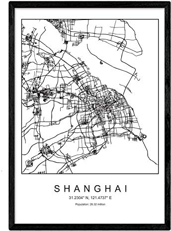 Nacnic feuille de carte la ville de Shanghai style scandinave en noir et blanc. affiche de format A3 papier imprimé No 250 gr. Peintures, estampes et affiches pour le salon et chambre à coucher