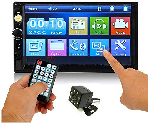 WeniChen - Stereo doppio DIN da 7, touch screen, lettore MP5, radio FM, supporto per telecamera posteriore, con collegamento a specchio a mani libere, telecamera posteriore impermeabile (7010B)